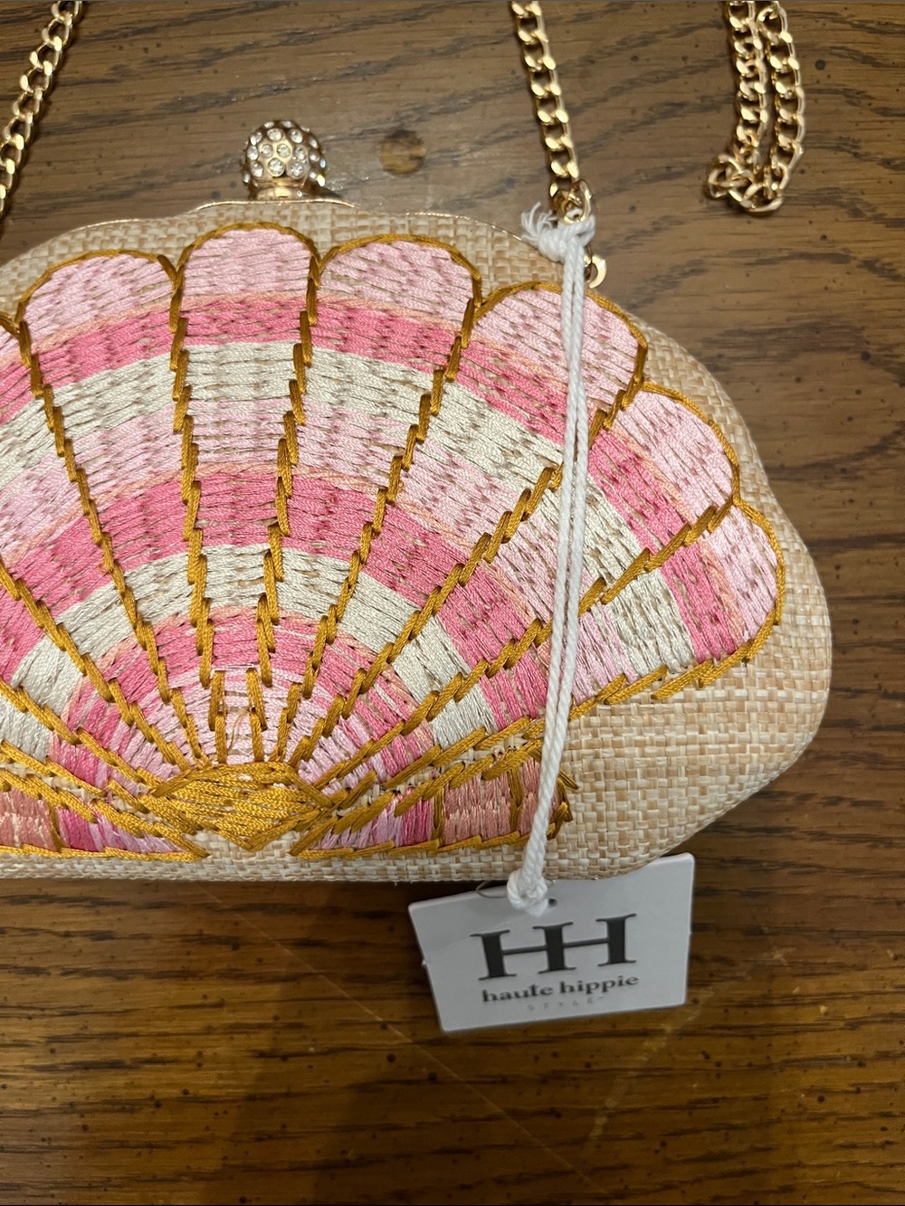 Haute Hippie Pink & Cream Shell-Embroidered Clutch with Gold Chain - Picture 4 of 15